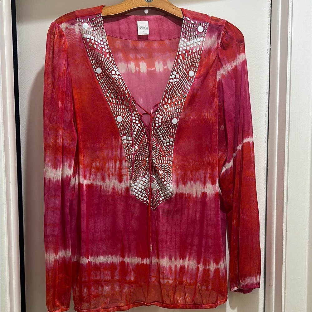 INC Beach Pink and White Long Sleeve Embellished Blouse
